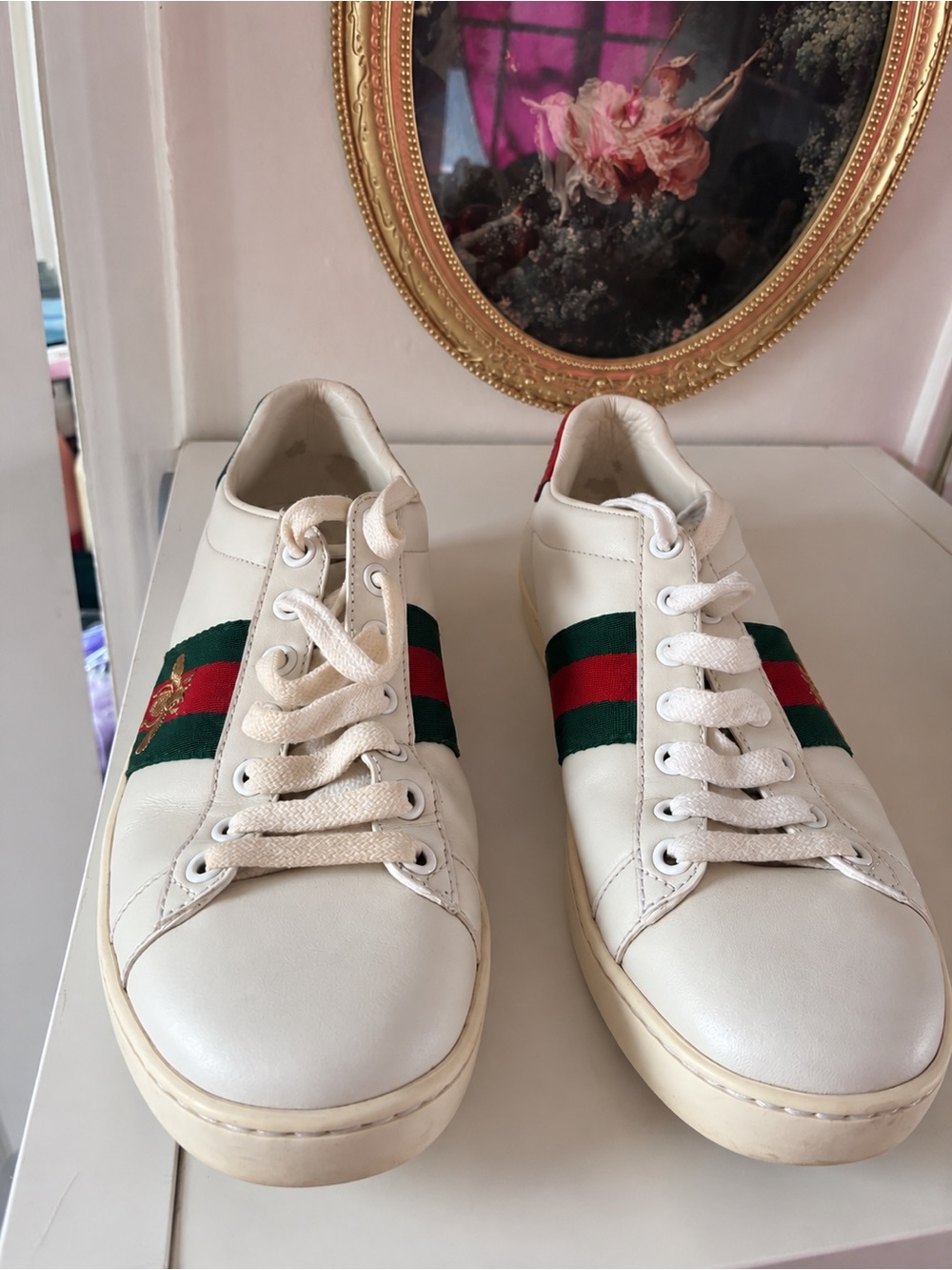 White Leather Sneaker with Green & Red Stripe